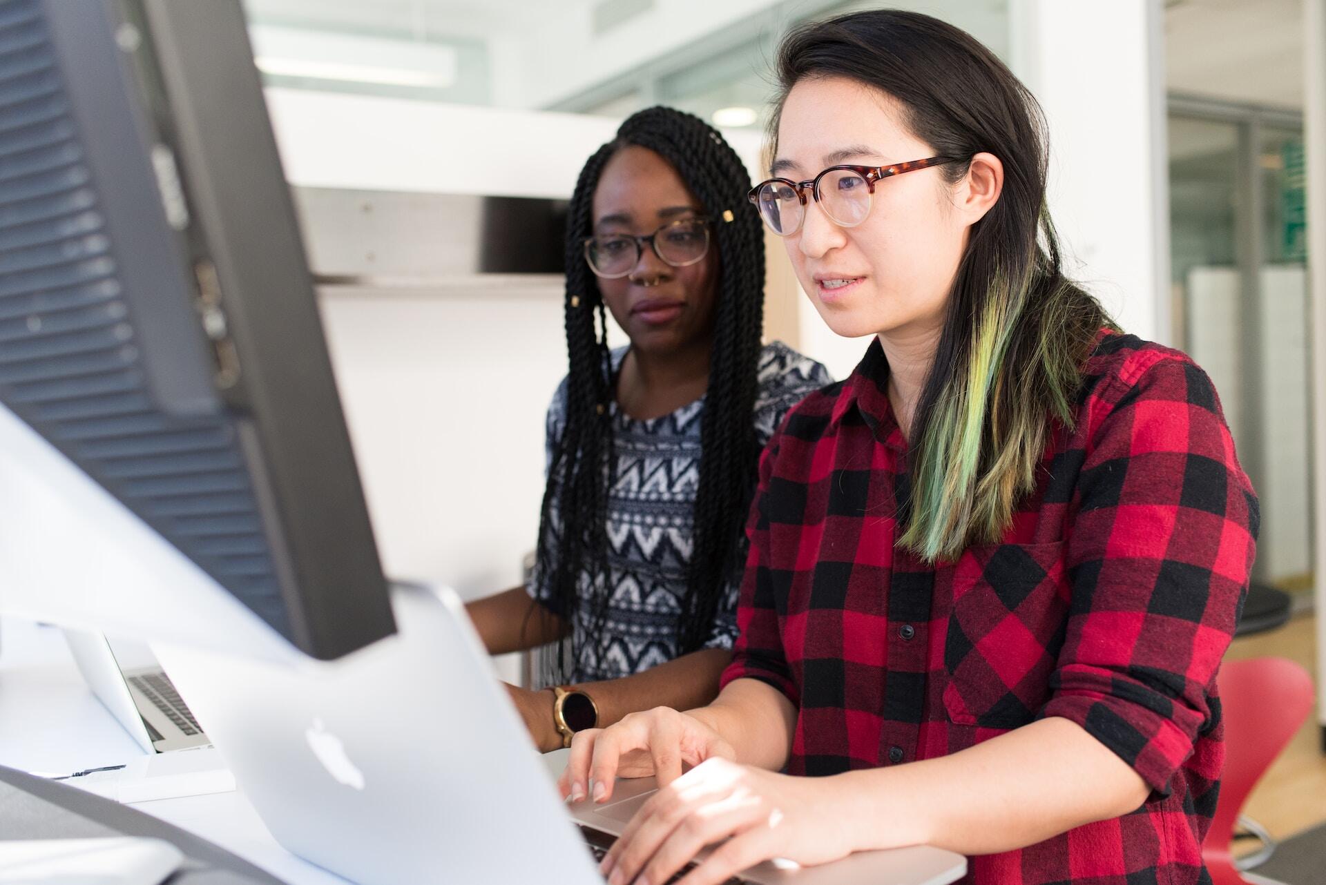 Two people looking to a computer screen