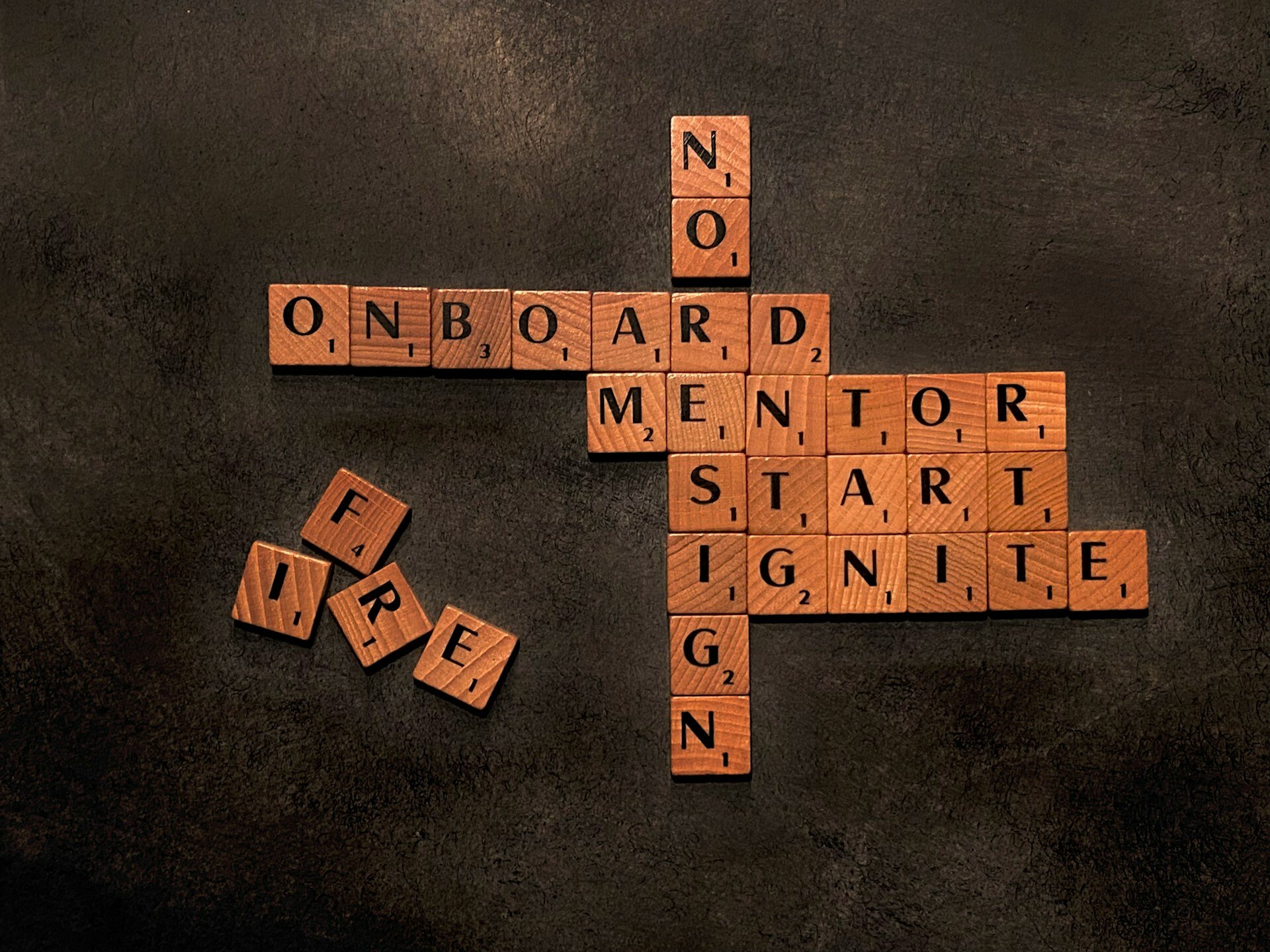 Onboard, Mentor, Start, Ignite e No Resign written in wood plates